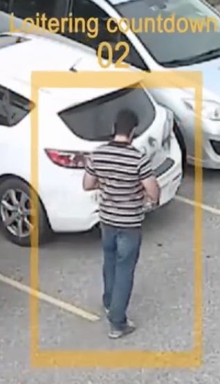 CCTV views with highlighted people and a loitering countdown